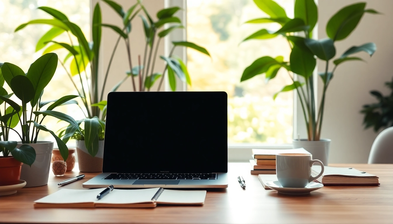 Your Most Productive Life depicted with a peaceful workspace and productivity tools.