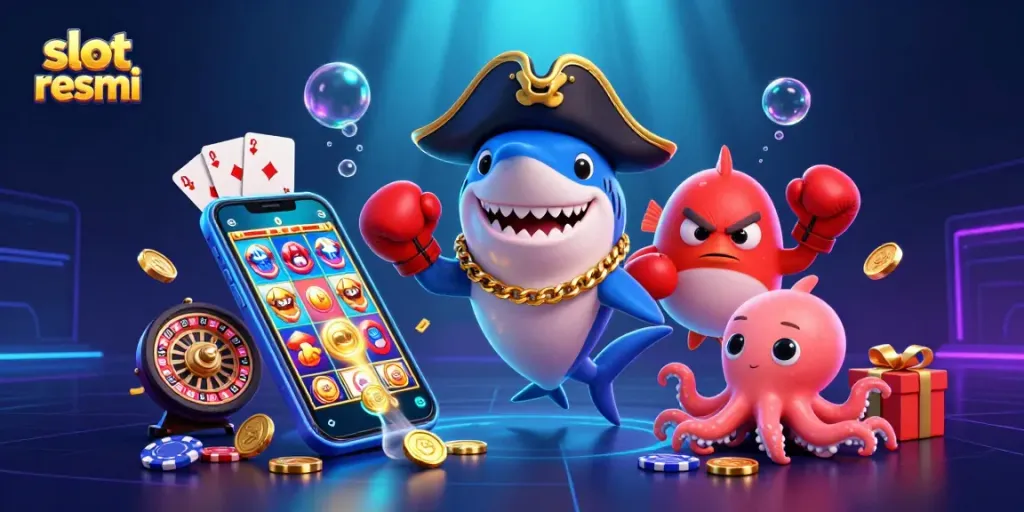 Engage in lively action at slot resmi with vibrant slot games featuring shark characters and coins.