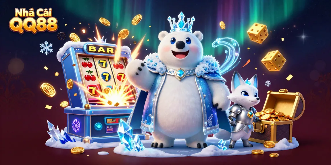 Engage with Nhà Cái QQ88's exciting slots and promotions, featuring vibrant casino elements and characters.
