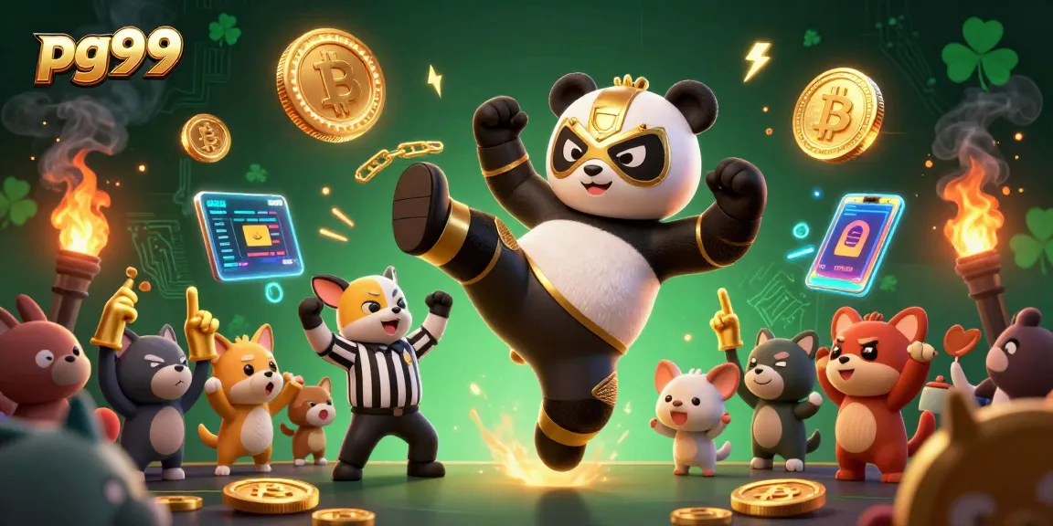 Join the excitement at pg99 as the wrestling panda performs a spectacular kick in a vibrant casino scene.