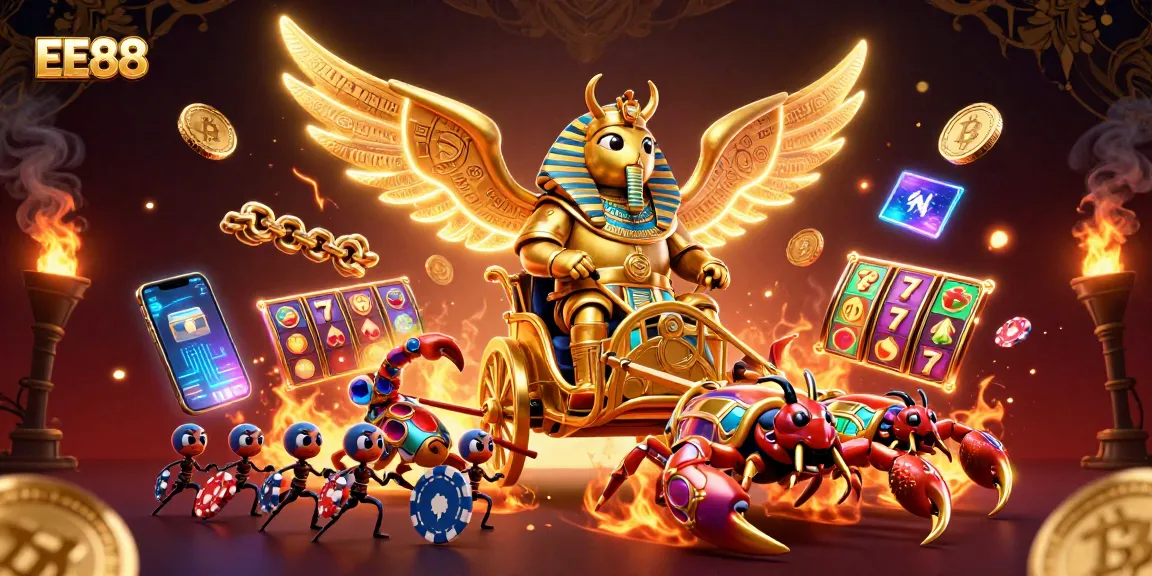 Engage in thrilling slot action with EE88 amidst a vibrant 3D casino scene featuring unique characters and crypto elements.