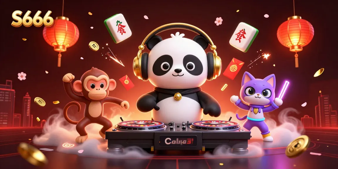 S666's lively casino scene featuring a DJ panda, dance monkey, and glowing kitten amid playful game elements.