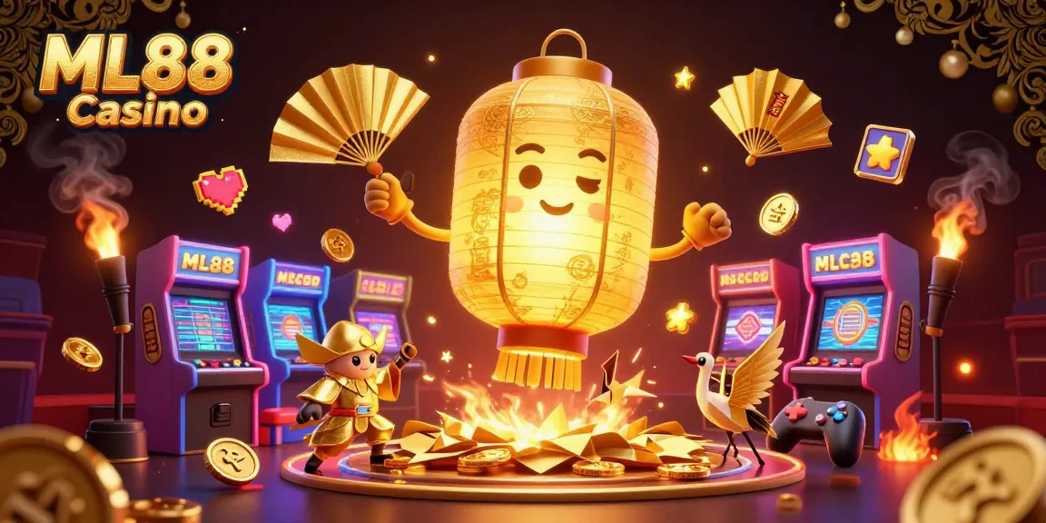 Engage with ML88 Casino's vibrant gaming atmosphere featuring a golden spirit and arcade elements.