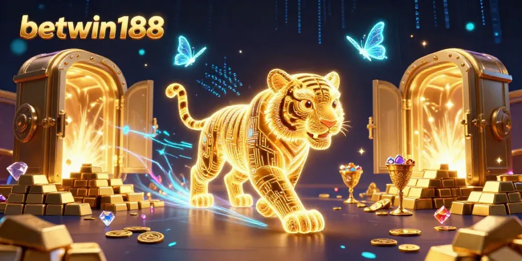 Mendapatkan akses mudah ke BETWIN188 melalui tigre emas digital di kasino, dengan elemen kemewahan bersinar.