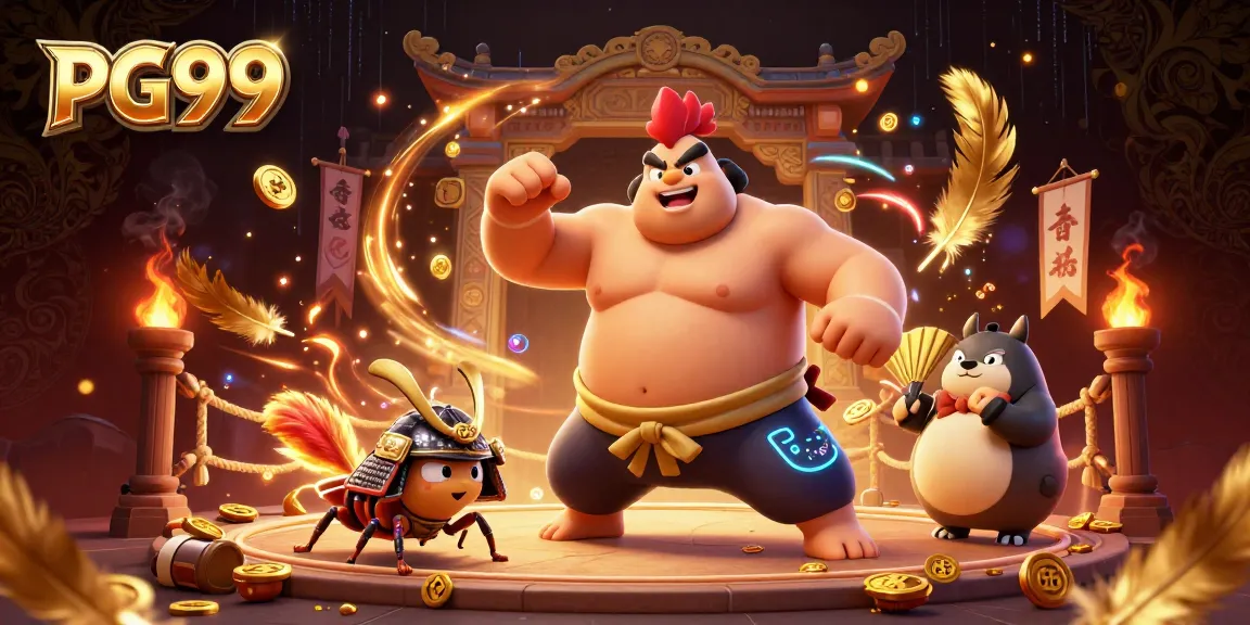 Experience the thrill of PG99 with a powerful sumo rooster battling in a vibrant casino arena.