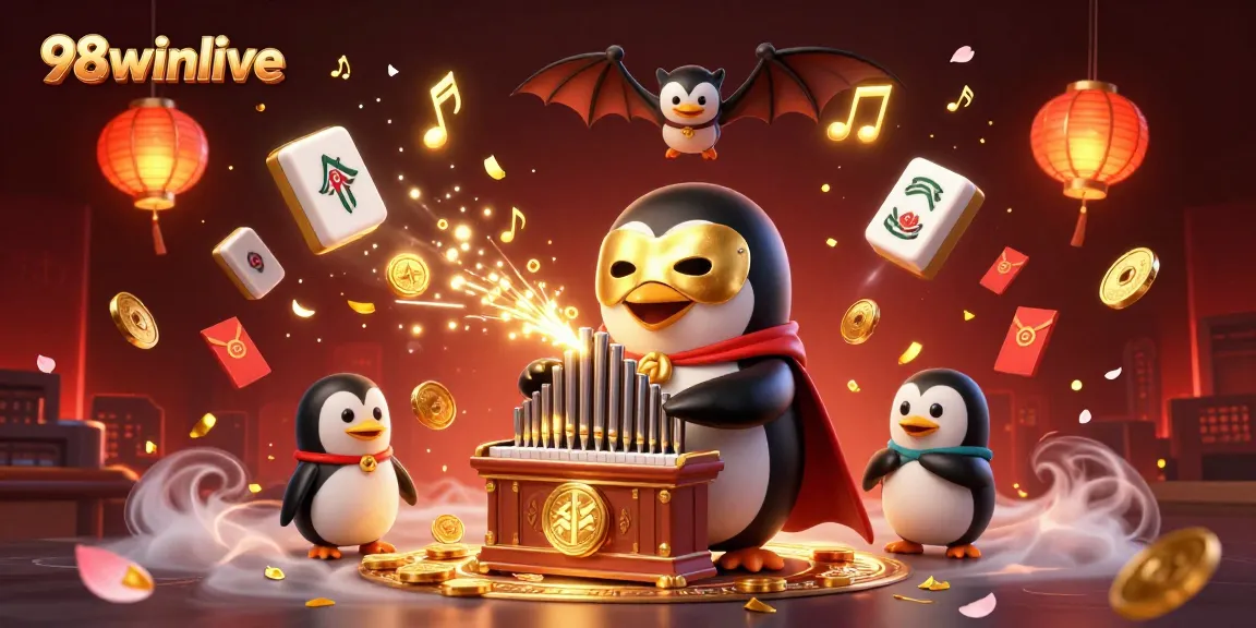 Experience winning strategies at 98winlive with a vibrant casino-themed illustration featuring a penguin and more.