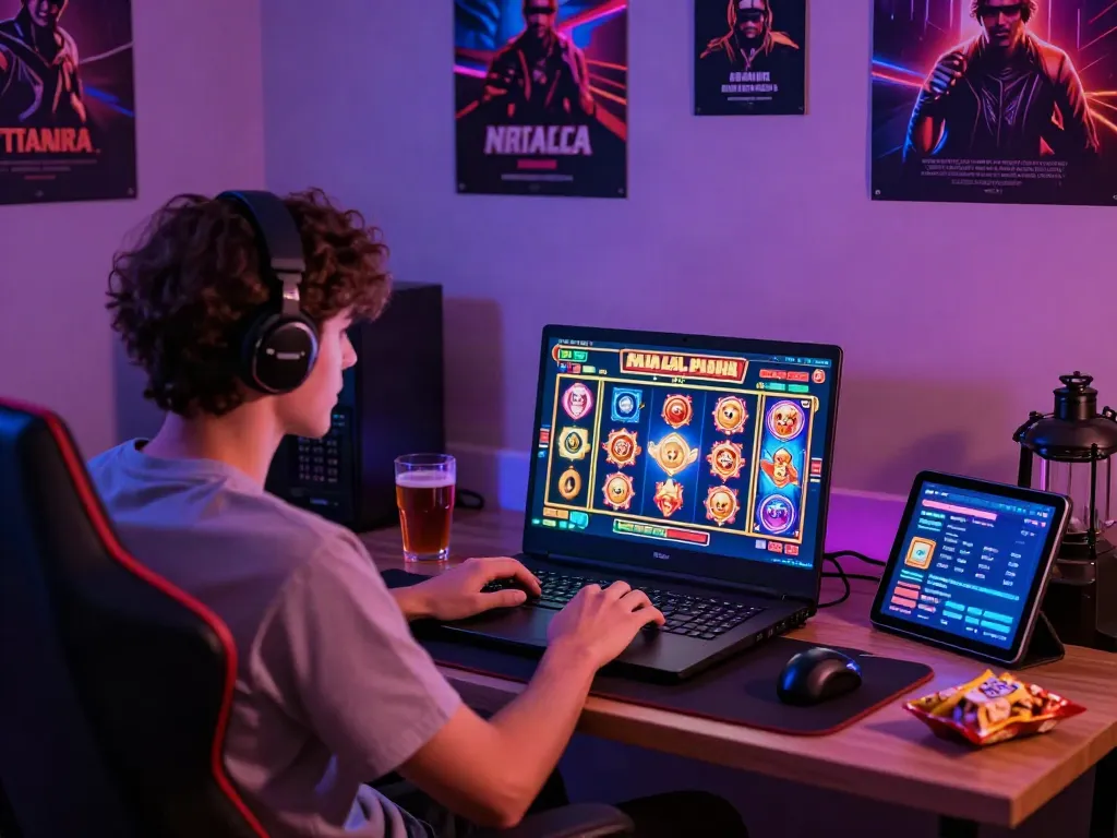 Engaging scene of a player immersed in a slot game on a laptop, depicting modern home gaming ambiance.