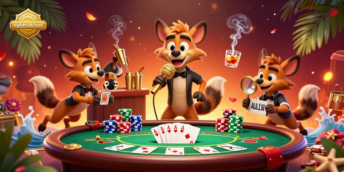 xiphematchuoc hyenas create excitement at a comedy casino club, featuring poker elements and a vibrant atmosphere.