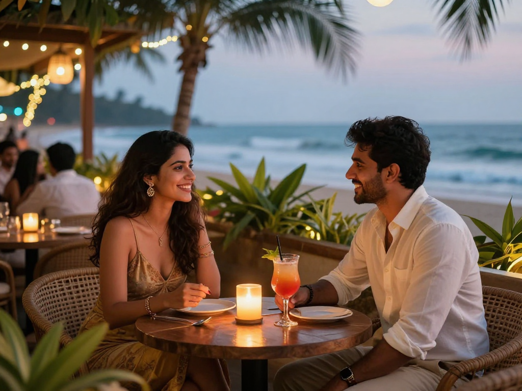 Call girls in Goa enjoying the nightlife atmosphere at a beachfront lounge with tropical decor.
