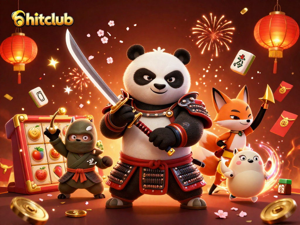 Experience hitclub excitement with a fierce panda samurai, ninja fox, and magical tanuki in a vibrant casino scene.