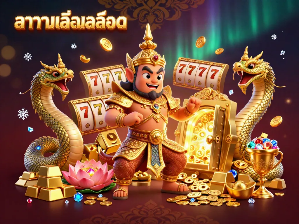 ลองเล่นสล็อต ในภาพการ์ตูน 3D แสดงให้เห็นยักษ์ยักษ์ในชุดทองคำพร้อมเพื่อนนาคและตำลึงล้อมไปด้วยสมบัติ