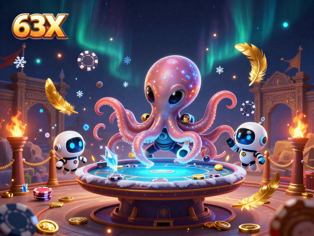 O octopus alienígena 63X com um robô em uma mesa de poker holográfica com fichas em órbita.