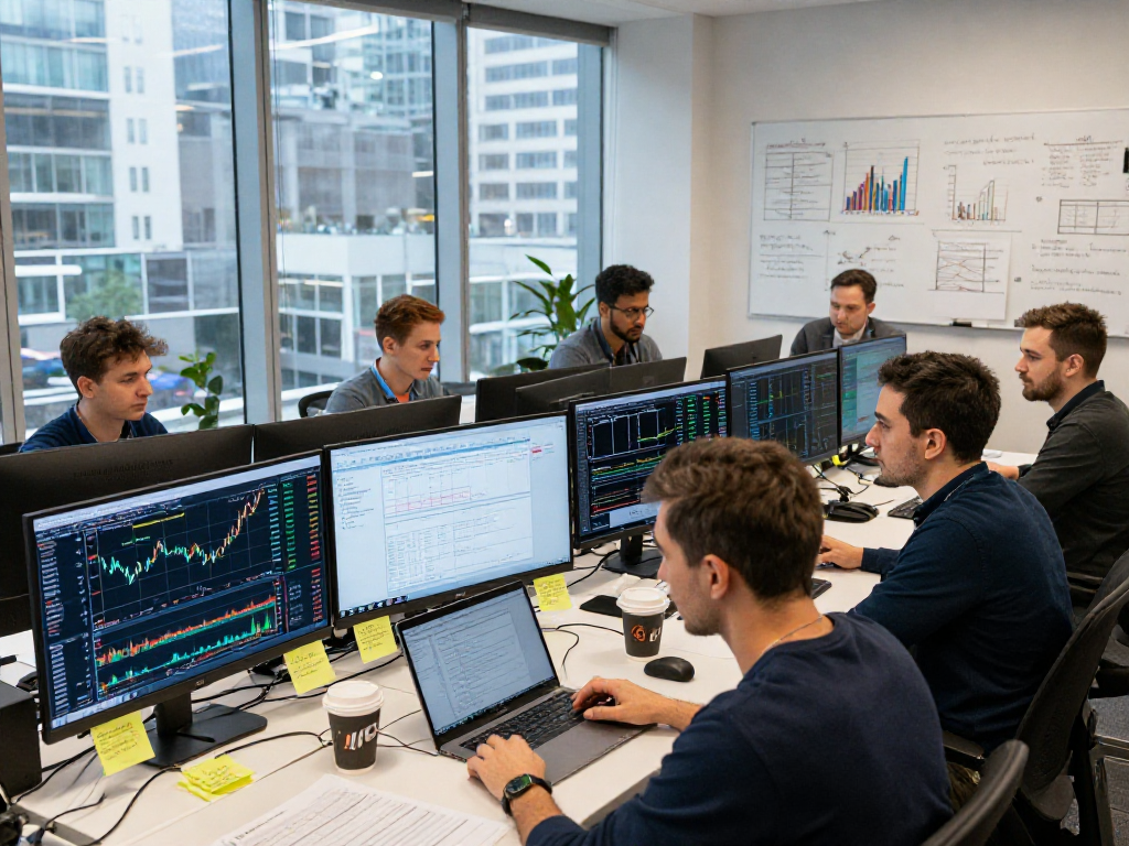 Traders using metatrader 5 on multiple screens in a modern office, showcasing analysis and strategy.