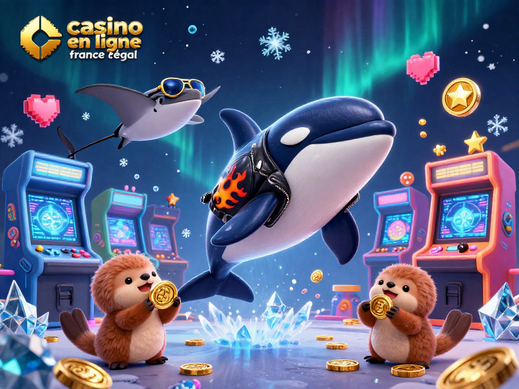 Illustration dynamique de "casino en ligne légal en France", orque en cuir, raie et loutres avec pièces d'or.
