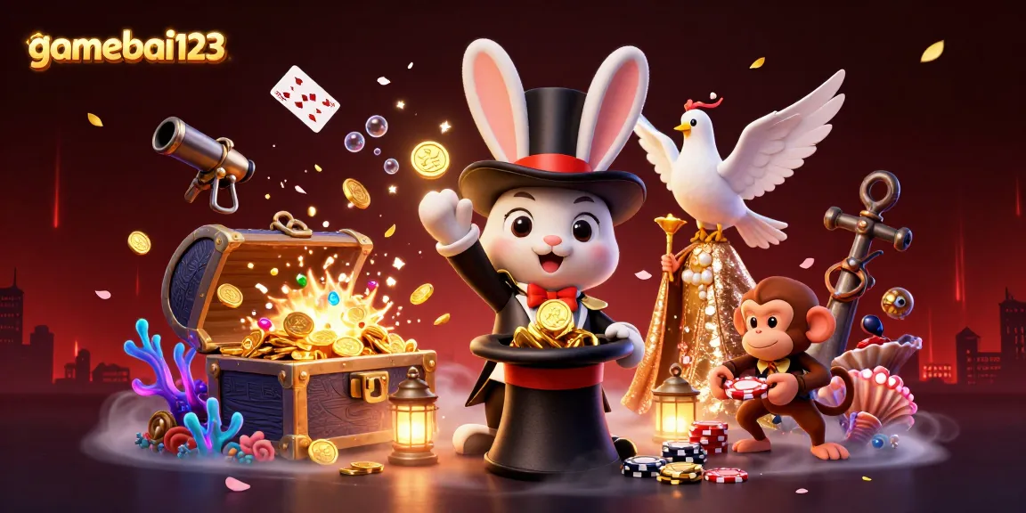 Experience thrilling moments at gamebai123 with a magician and rabbit producing gold coins while a monkey steals poker chips.