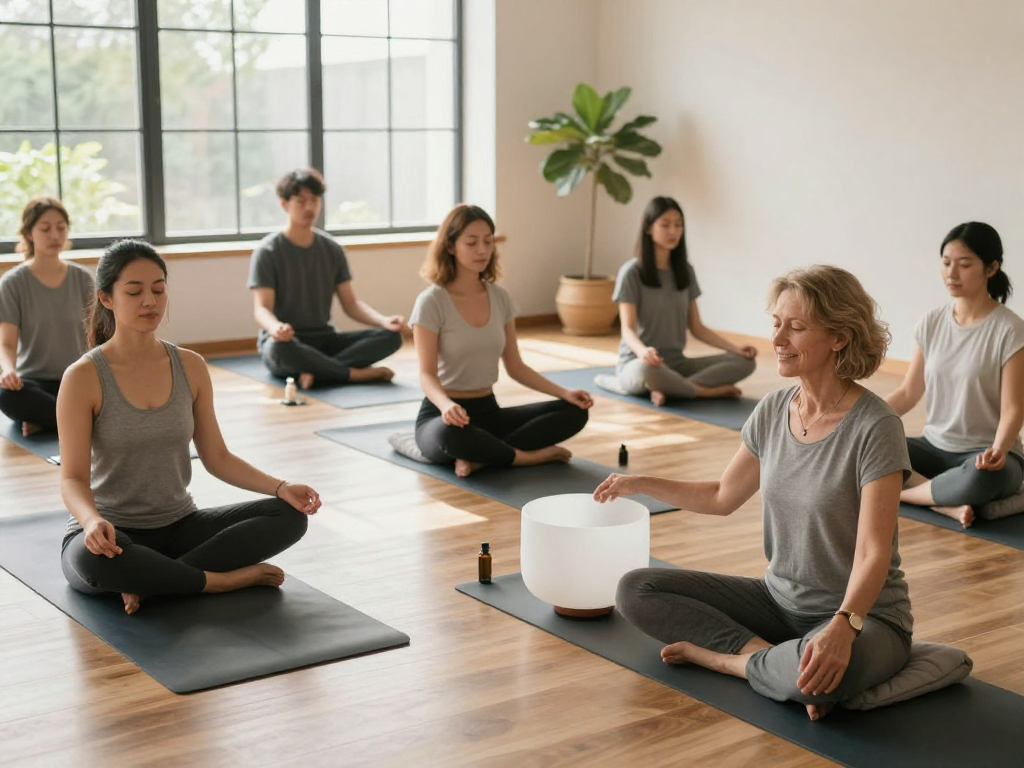 mantra88 meditation session in a serene wellness studio with diverse participants.