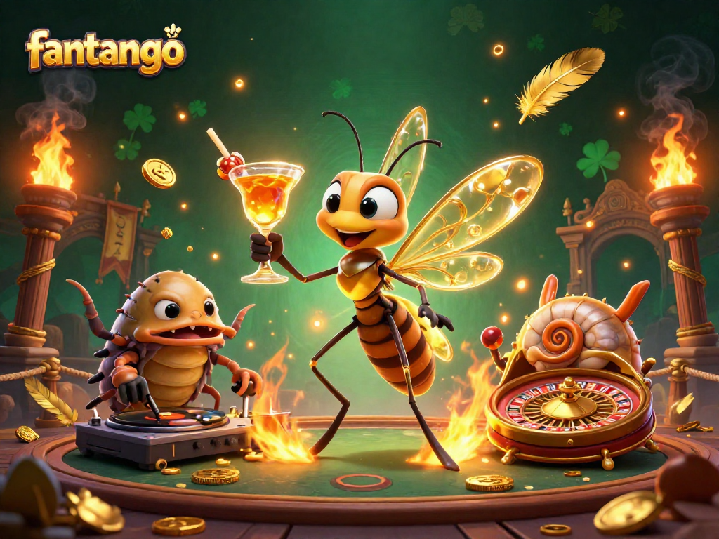 Engage in the thrilling realm of fantango with mascot characters and dynamic casino elements in vivid detail.