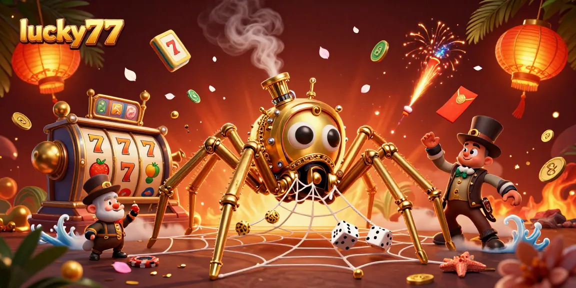 Experience the thrill of lucky77 with enchanting golden spider and dice webbing a vibrant casino scene.