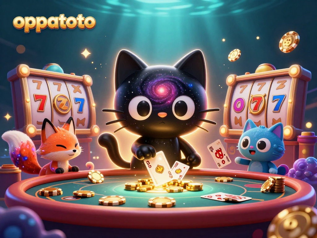Experience thrilling gameplay with oppatoto as captivating characters pull in golden casino chips and cards.