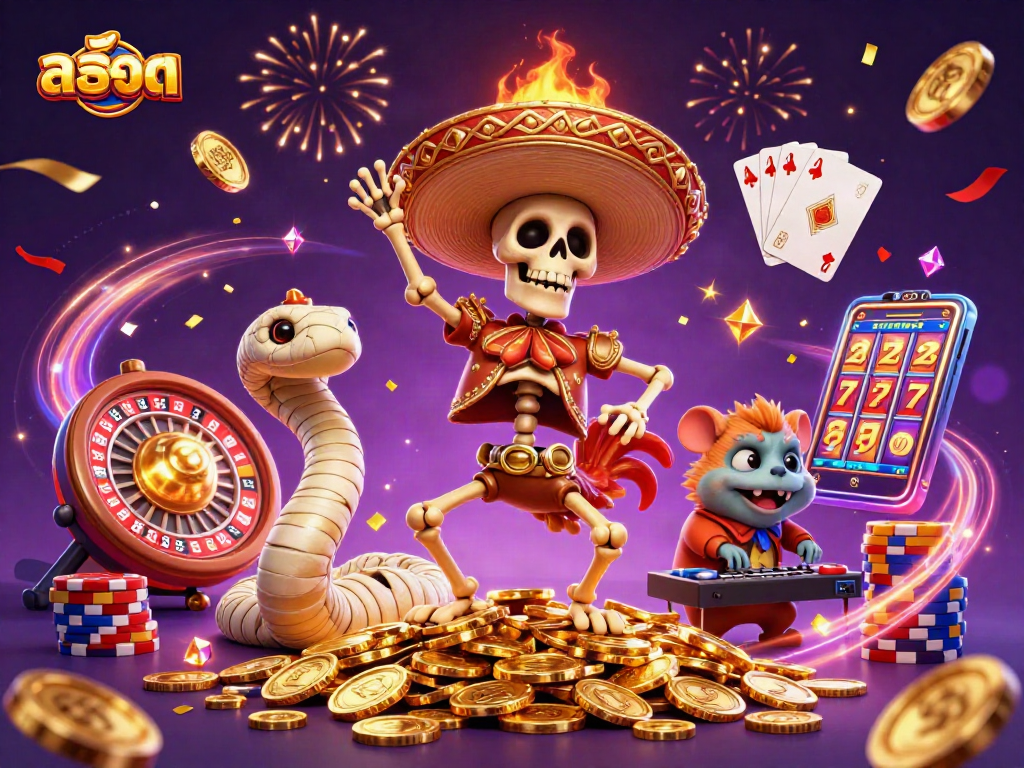 Spin your luck with สล็อต featuring lively characters celebrating wins in a vibrant casino atmosphere.