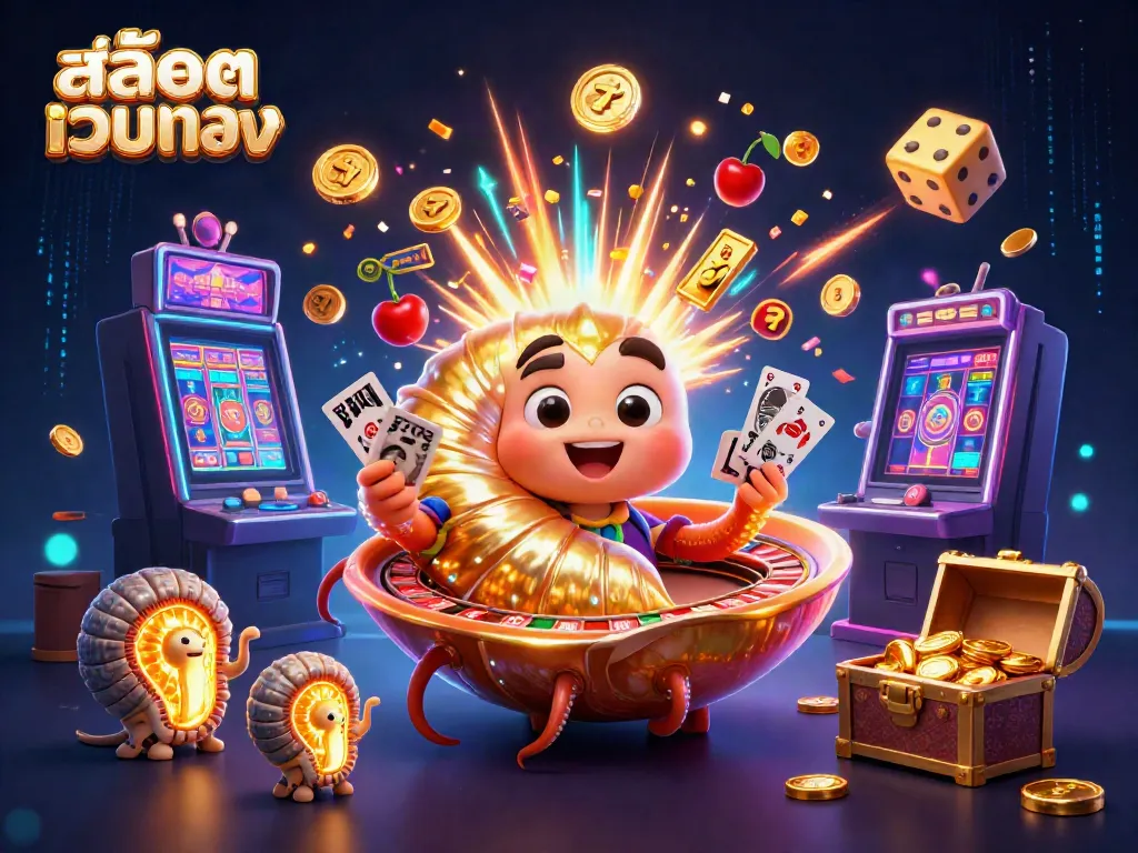 Spin the สล็อตเว็บตรง in an ultra-detailed 3D scene featuring a giant nautilus, slot machine, and colorful casino elements.