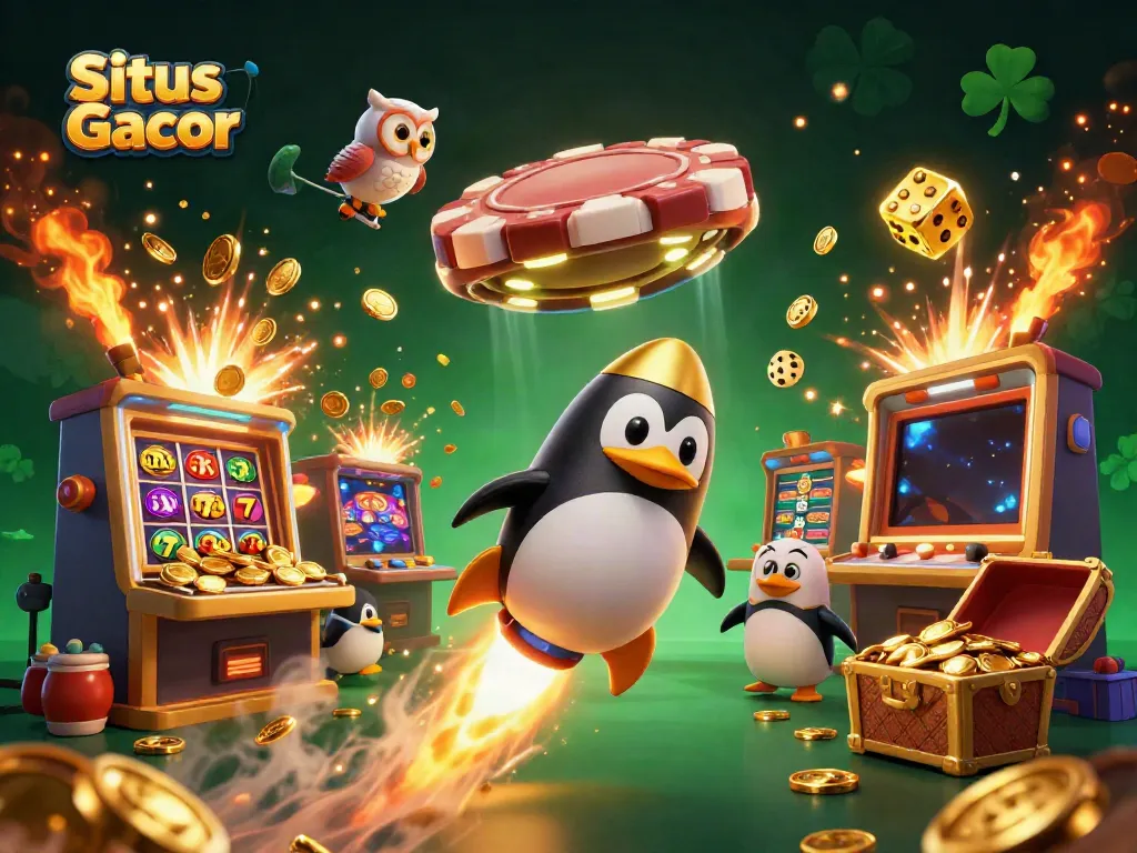 Visualisasi Situs Slot Gacor dengan penguin emas dan mesin slot, menunjukkan jackpot yang memukau.