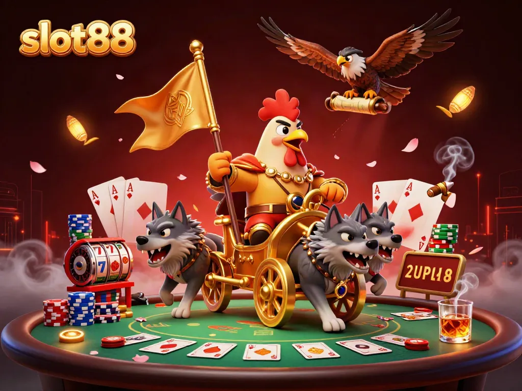 Experience the thrill of slot88 with a dynamic casino scene featuring a warlord and poker elements.