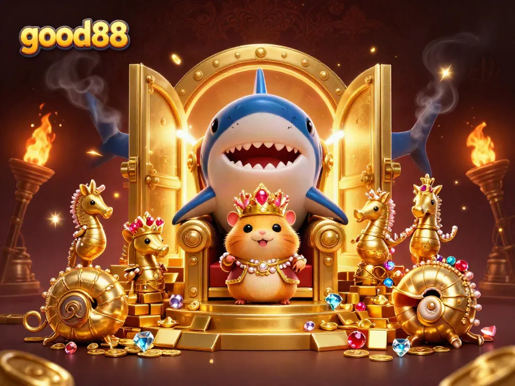 Experience excitement at good88 with a golden hamster king presiding over treasures and casino games.