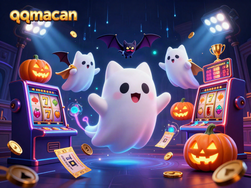 Experience thrilling gameplay at qqmacan with ghostly characters and glowing slot reels in a haunted casino.