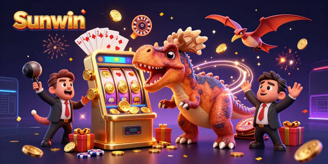 Sunwin slot machine scene with a dinosaur-themed casino character celebrating a jackpot payout.