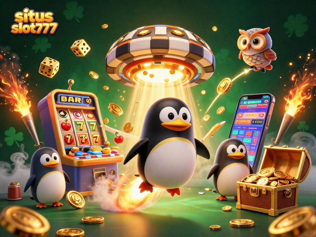 Situs slot777: Enjoy thrilling gameplay with a golden penguin and jackpot slot machine in a vibrant 3D scene.