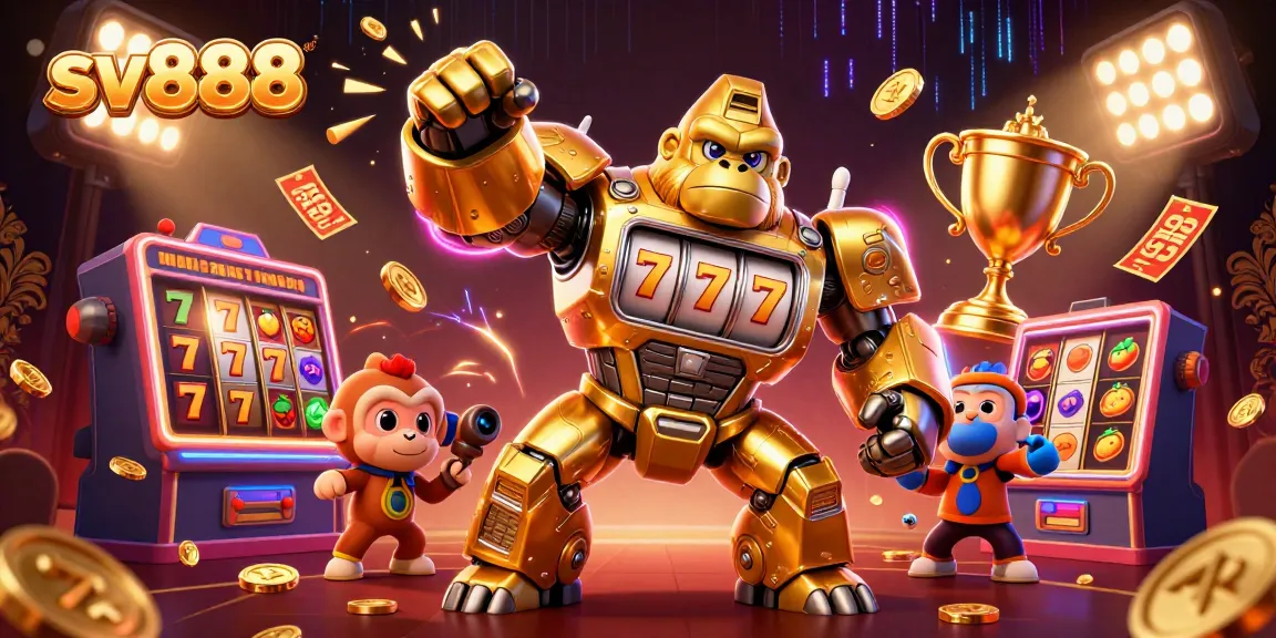 Experience the thrill of sv888 with a golden gorilla mech and dynamic slot elements.