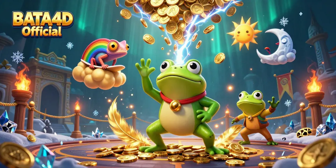 BATA4D Official showcases a vibrant 3D casino scene with a wizard frog and chameleon amid swirling golden coins.