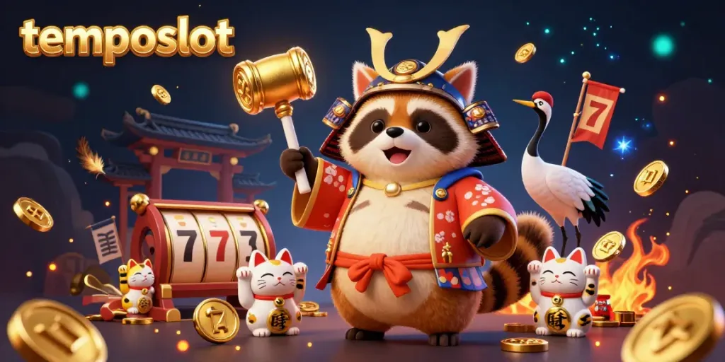 Gambarkan pengalaman bermain di temposlot dengan karakter tanuki, crane, dan kucing maneki-neko dalam suasana kasino yang ramai.