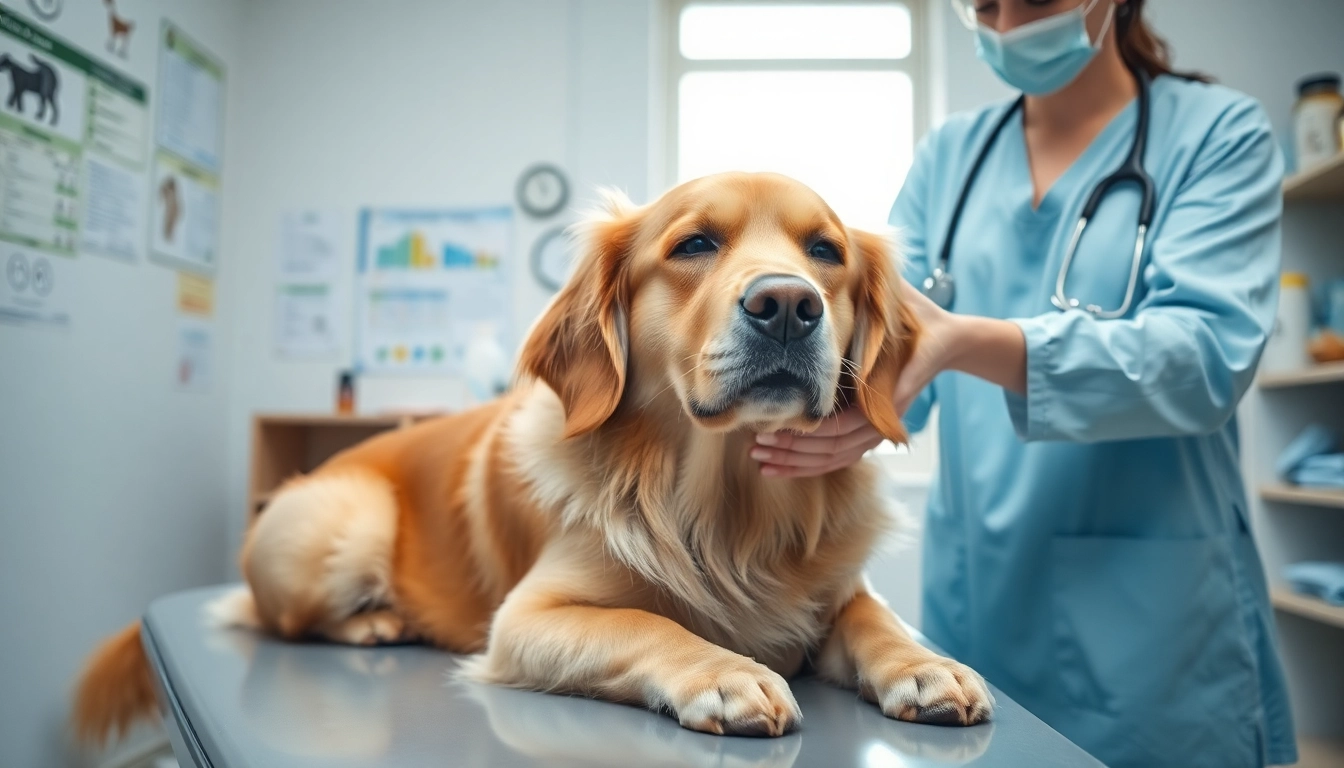 Applying DMSO for dogs on a golden retriever in a veterinary clinic for pain relief.