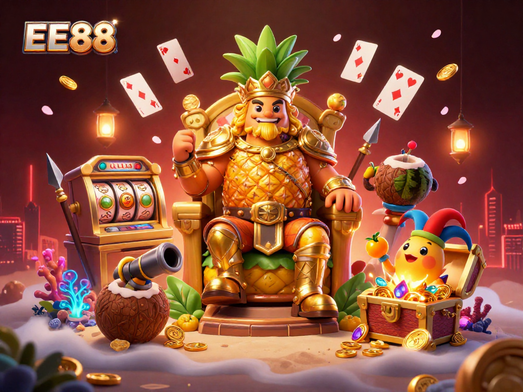 Engage with EE88's vibrant casino scene featuring a whimsical pineapple king amidst thrilling slot games and treasure.