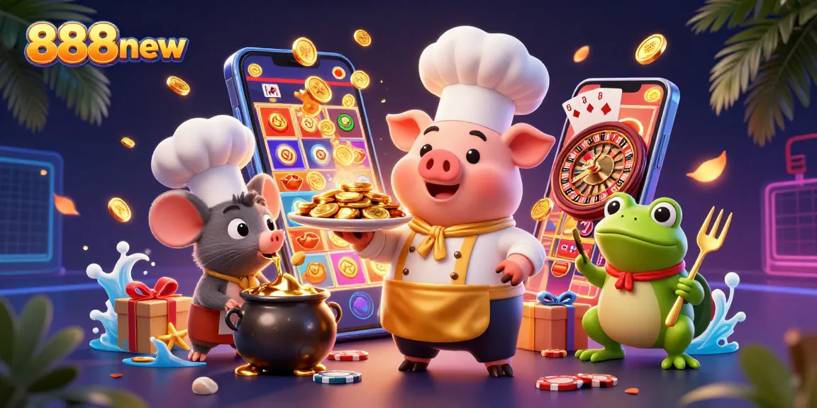 Experience the excitement of 888new with golden coins and vibrant gaming elements in this dynamic scene.