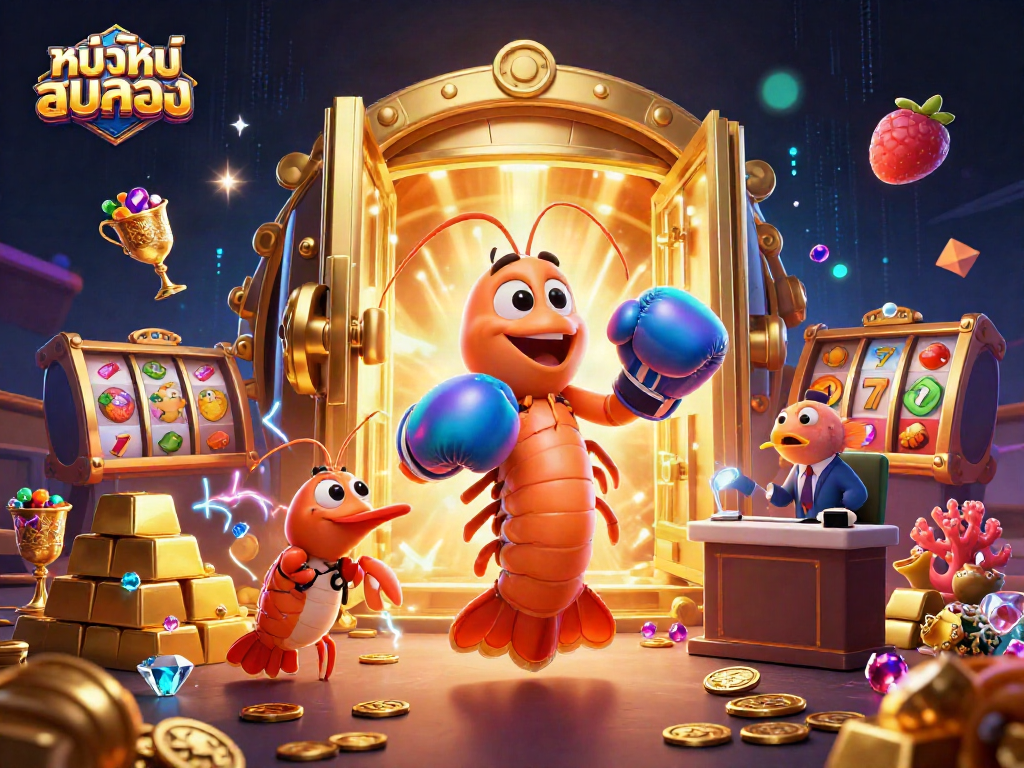 ภาพการ์ตูน 3D ของ mantis shrimp ในมือจับถุงเงินทองให้กับ "หนังใหม่ชนโรง" พร้อมด้วยความรุ่งเรืองของคาสิโน