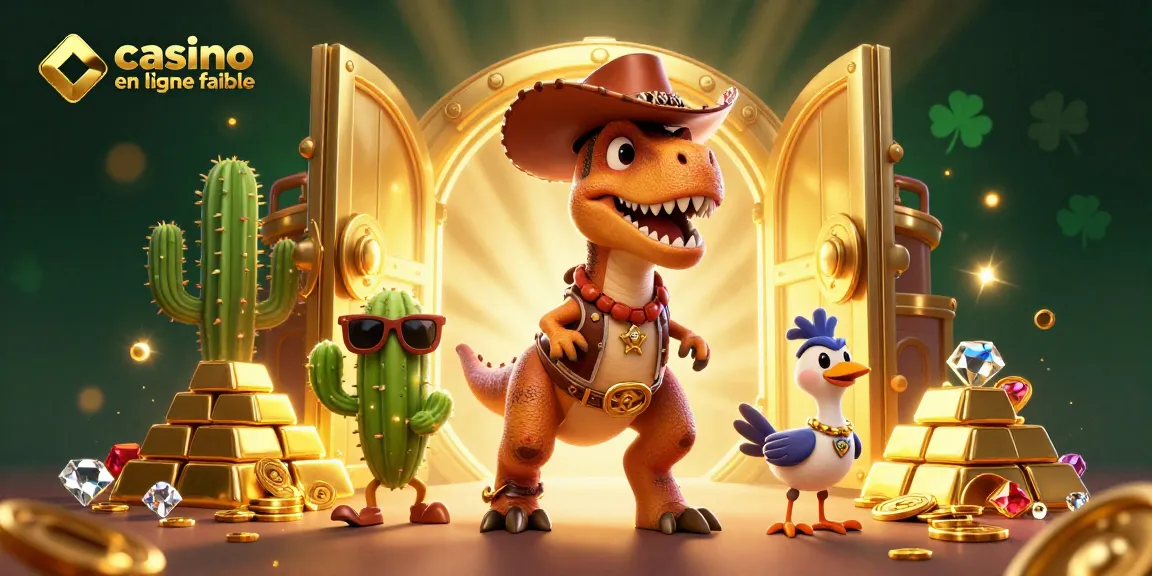 Découvrez un monde de casino en ligne fiable avec un T-Rex cowboy à la recherche de la richesse.