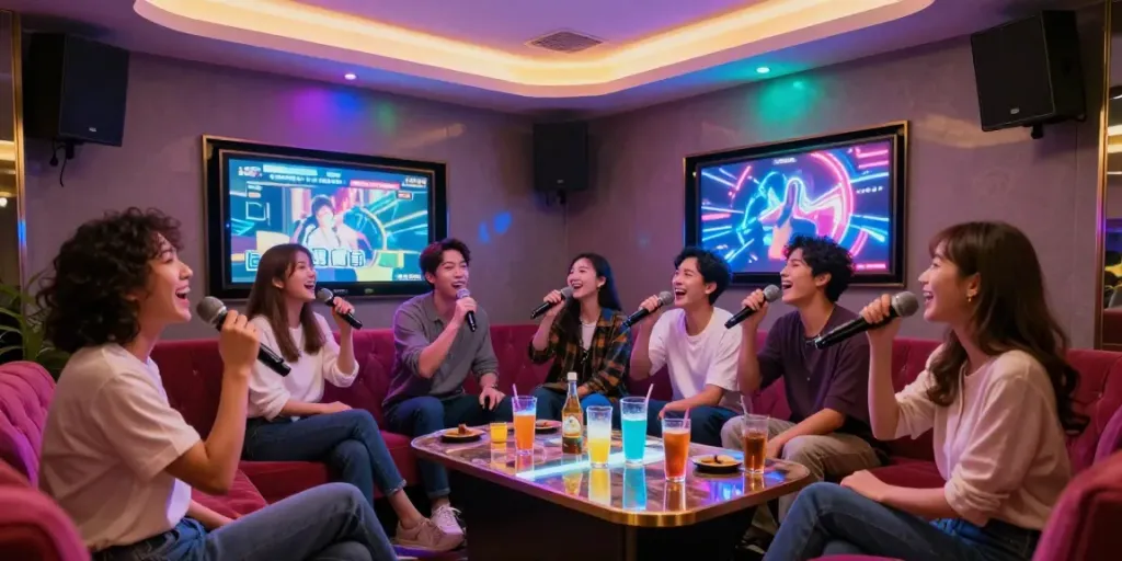 강남 달토에서 즐거운 노래를 부르며 친구들과 함께하는 활기찬 모습.