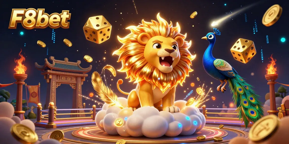 Experience thrilling wins with F8bet, featuring a vibrant scene of golden dice and a roaring lion.