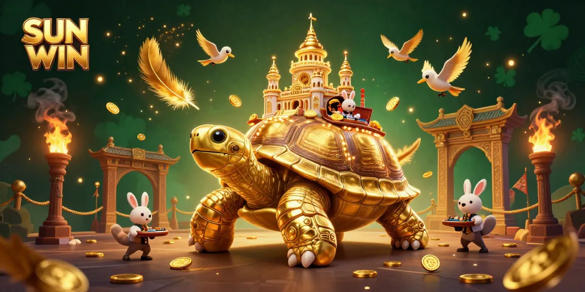 SUN WIN showcases a vibrant 3D casino scene with golden tortoise, rabbit dealer, and flying coins