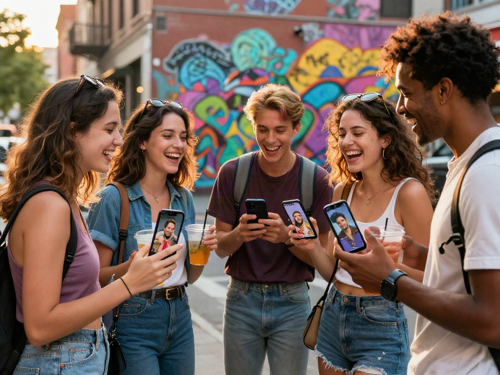 Friends comparing celebrity look alike results on smartphones in a vibrant urban setting.