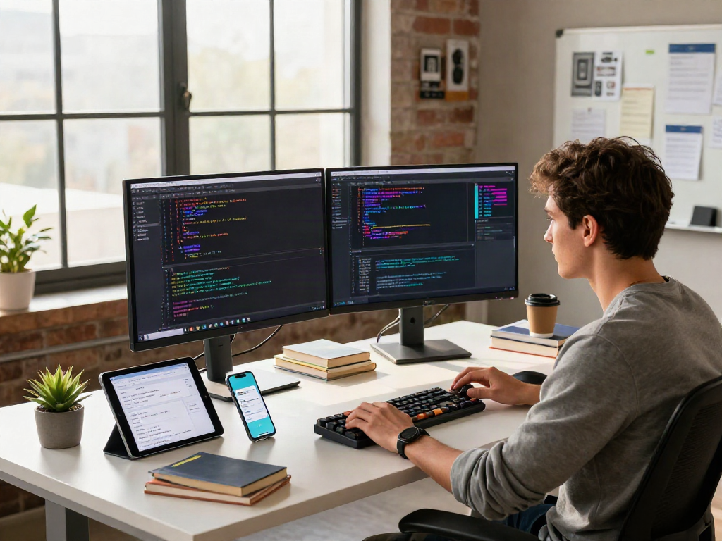 Software developer immersed in tech workspace, showcasing innovative coding techniques with crush on ai technology.
