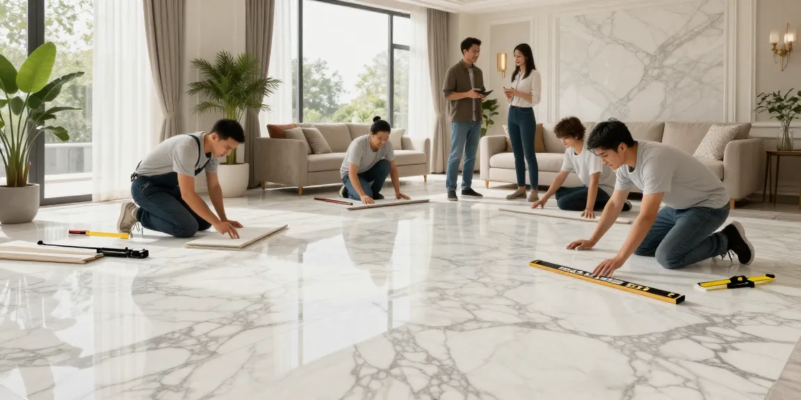 NAGA2000 professionals installing premium marble flooring in a spacious, bright living room showcasing design excellence.
