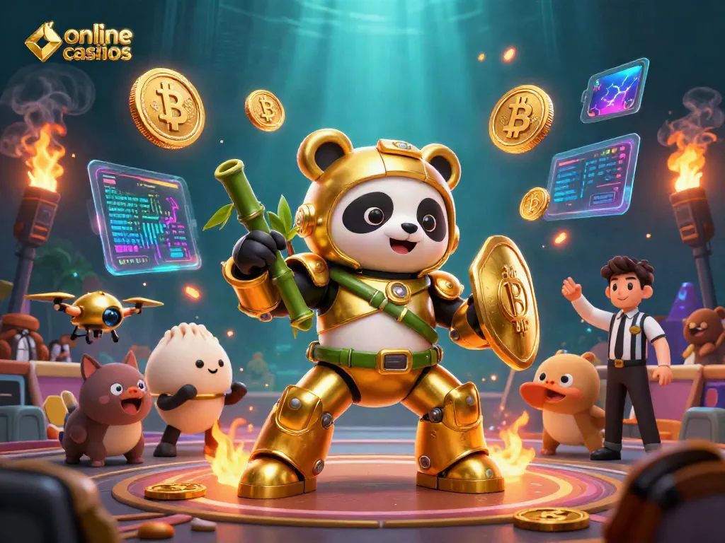 Experience the thrill of online casinos Australia with a vivid 3D panda mech conquering the gaming arena.