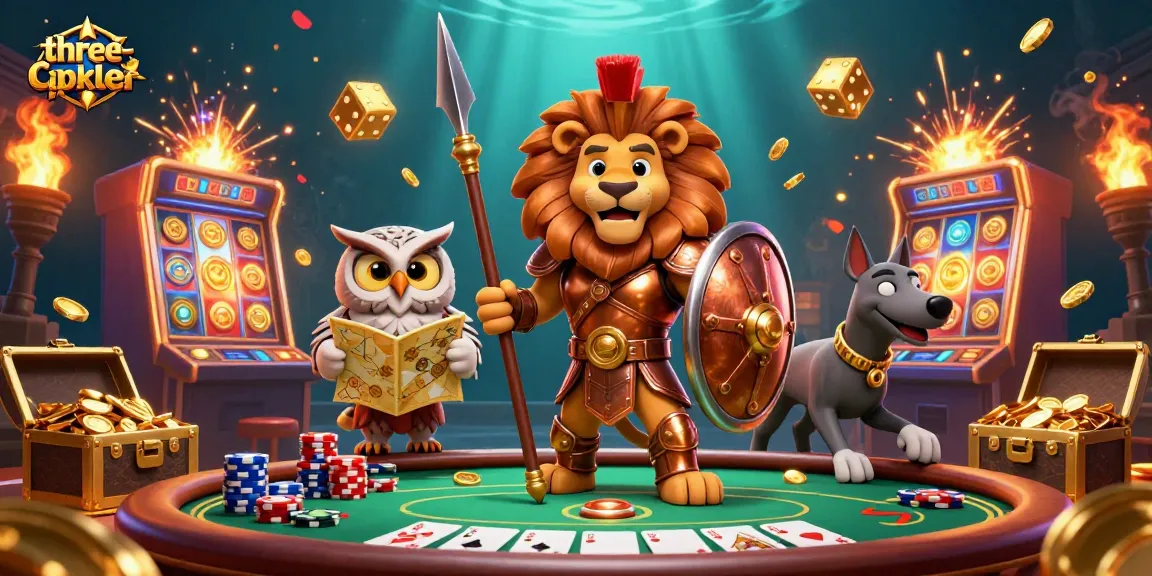 Experience three-card-poker excitement with interactive characters and vibrant gambling elements.