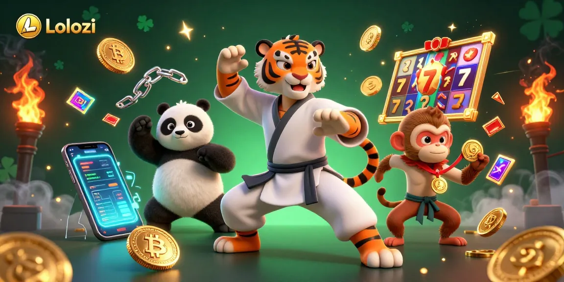 Lolozi showcases a vibrant 3D cartoon scene with a kung fu tiger and friends in a casino setting.