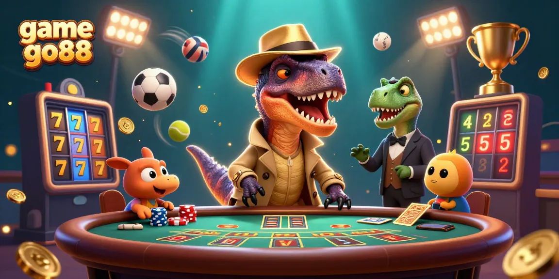 Win with game go88 as a cartoon velociraptor counters cards at a blackjack table in a vibrant casino scene.