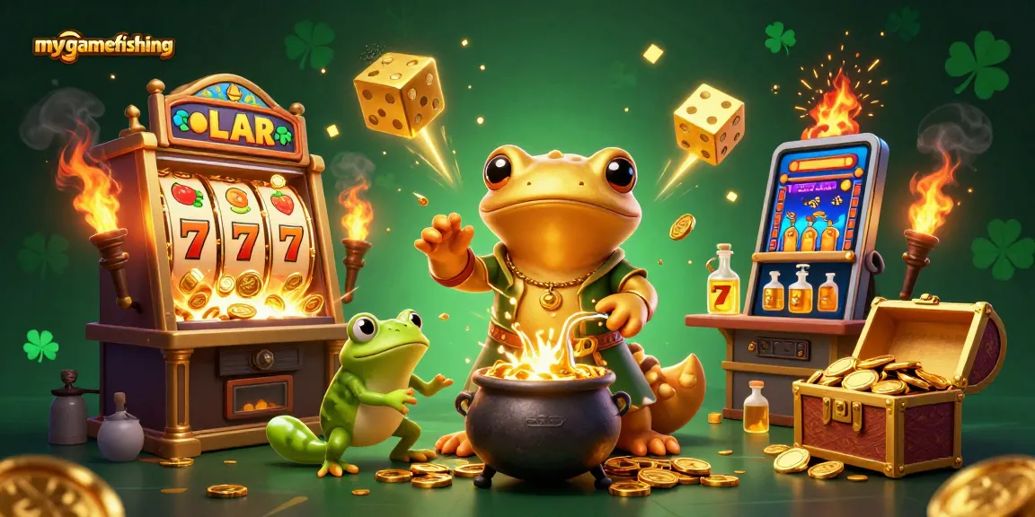 Spin the reels in mygamefishing's vibrant casino world, featuring animated gold coins and characters.